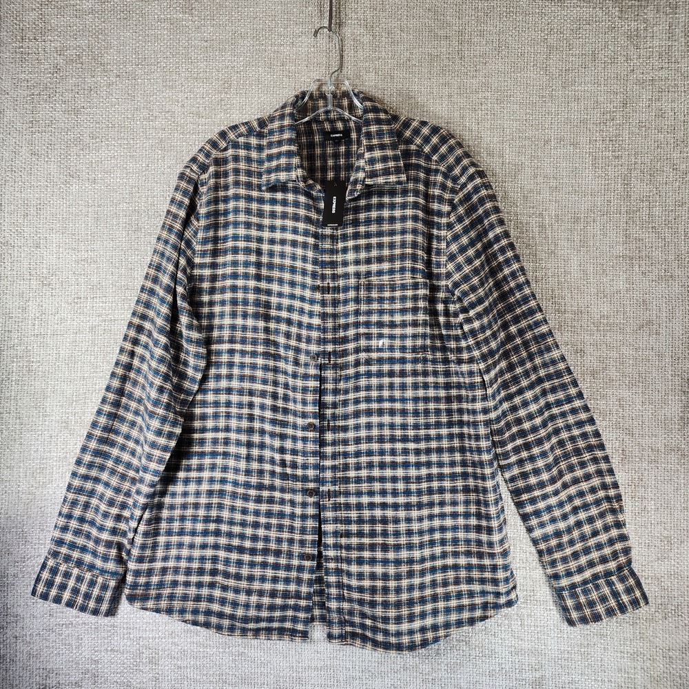 Express Plaid Flannel Shirt Mens LT Tall Brown Blue 100% Cotton Button Up NEW